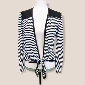 Bobeau Front Tie Top Black & White Striped Cardigan Knit